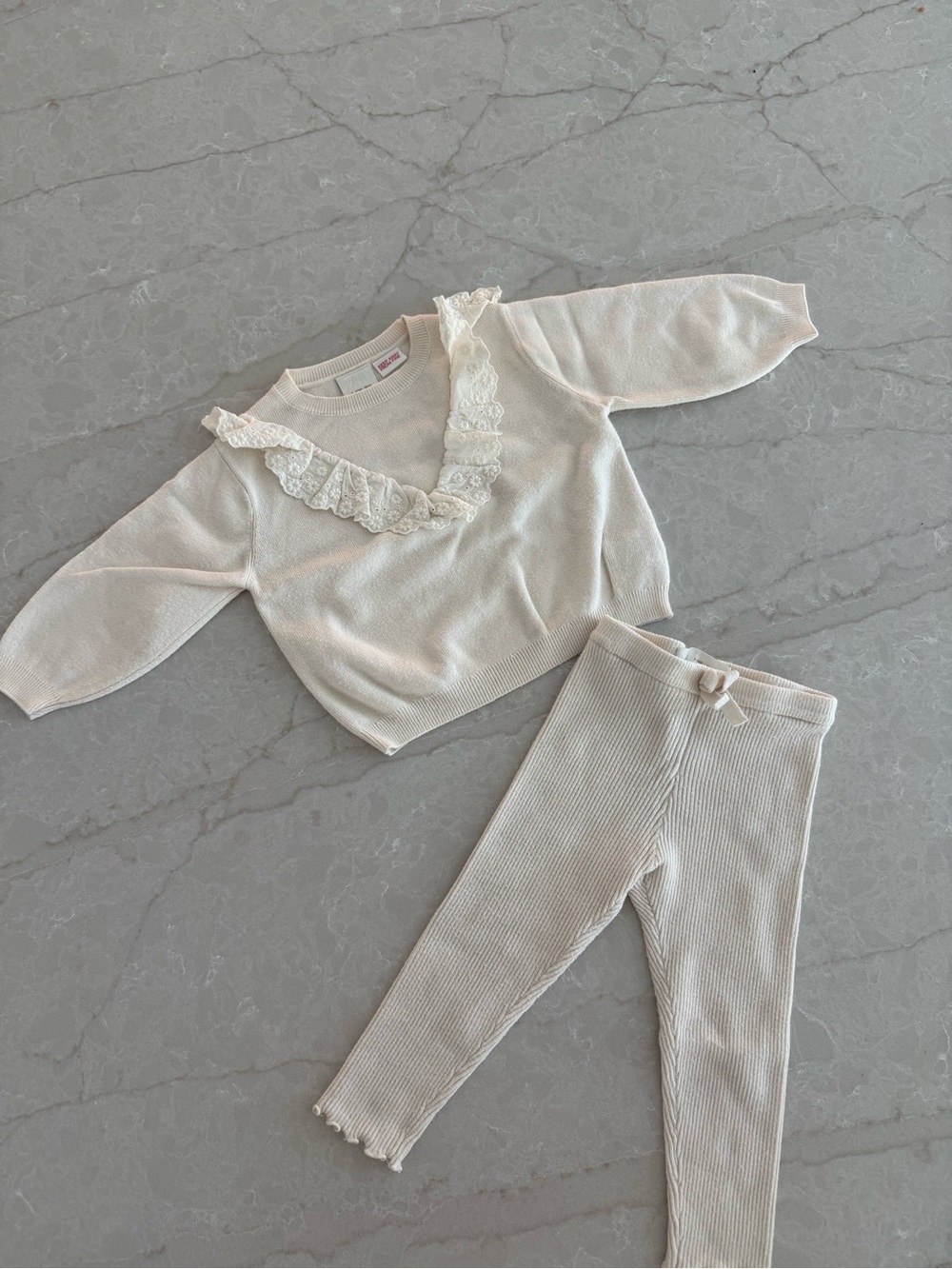 Zara Cream Ruffle Knit Top and Ribbed Leggings Set